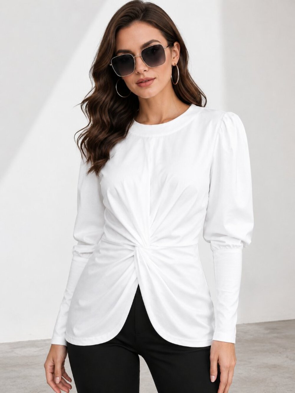 White Feminine Knot Front Puff Sleeve Sweatshirt NWT